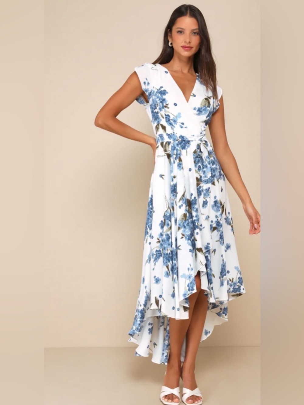 Lulu's White Blue Floral French Country Side High-Low Wrap Dress Size Small